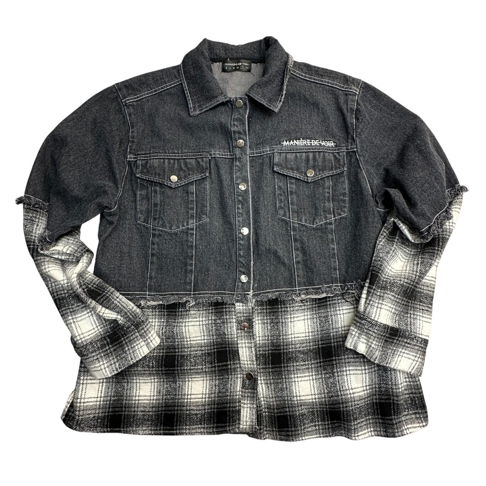 Maniere De Voir Jacket Womens 12 Gray Denim Plaid Shacket Snap Front Raw Hem